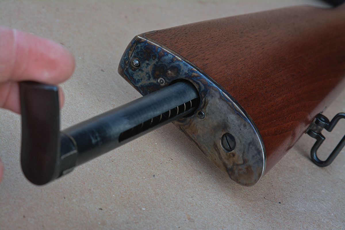 The magazine tube pulls out of the stock to allow loading cartridges directly into the stock.